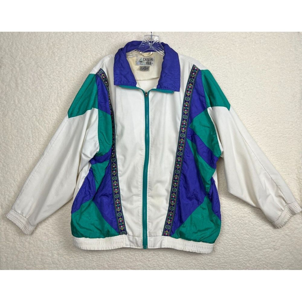 Vintage Windbreaker Womens XL Casual Isle Geometric Aztec Jacket White 80s 90s